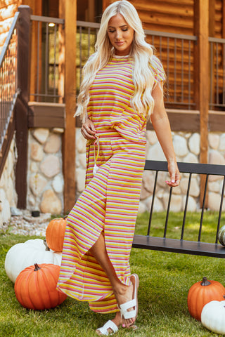 Yellow Stripe Rainbow Tee Tasseled String Wide Leg Pants Set