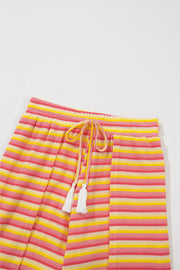 Yellow Stripe Rainbow Tee Tasseled String Wide Leg Pants Set