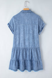 Sky Blue Acid Wash V Neck Tiered Denim Dress