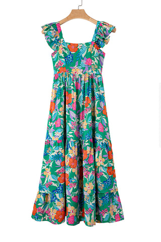 Green Floral Print Sleeveless Ruffle Tiered Maxi Dress