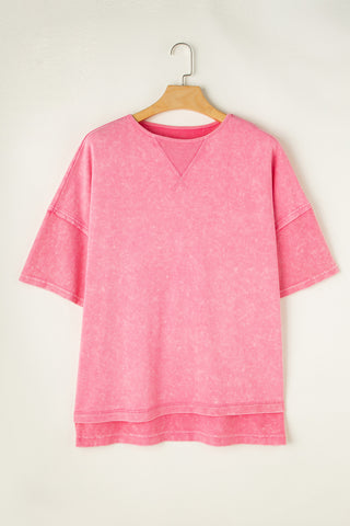 Strawberry Pink Mineral Wash Drop Sleeve Patchwork Plus Tee