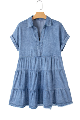 Sky Blue Acid Wash V Neck Tiered Denim Dress