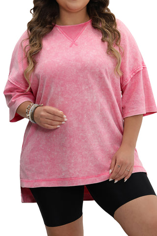 Strawberry Pink Mineral Wash Drop Sleeve Patchwork Plus Tee