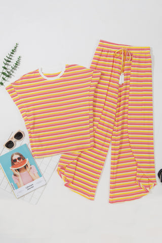 Yellow Stripe Rainbow Tee Tasseled String Wide Leg Pants Set